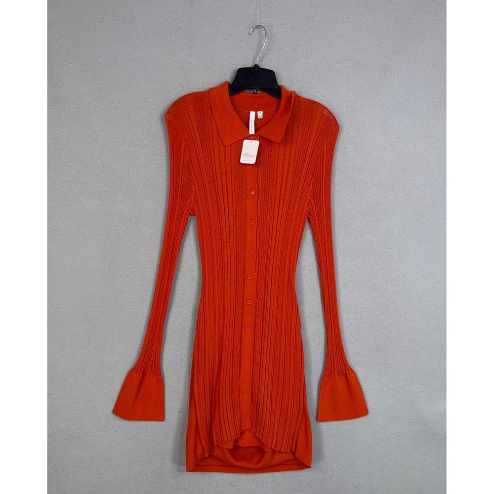 Significant Other Dress Womens 12 Orange Ribbed Button Front Long Sleeve Mini